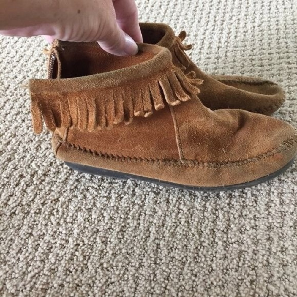Minnetonka Booties Kids 1 Suede Ankle Fringe Shoes Flat BackZip Brown